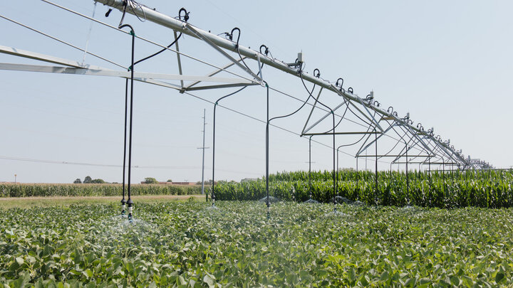Irrigation pivot watering a soybean field