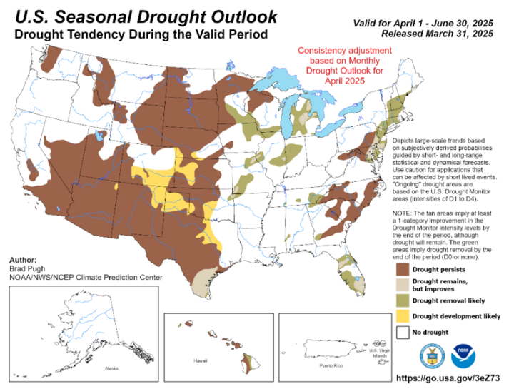 Map of the United States depicting the U.S. Seasonal Drought Outlook. 